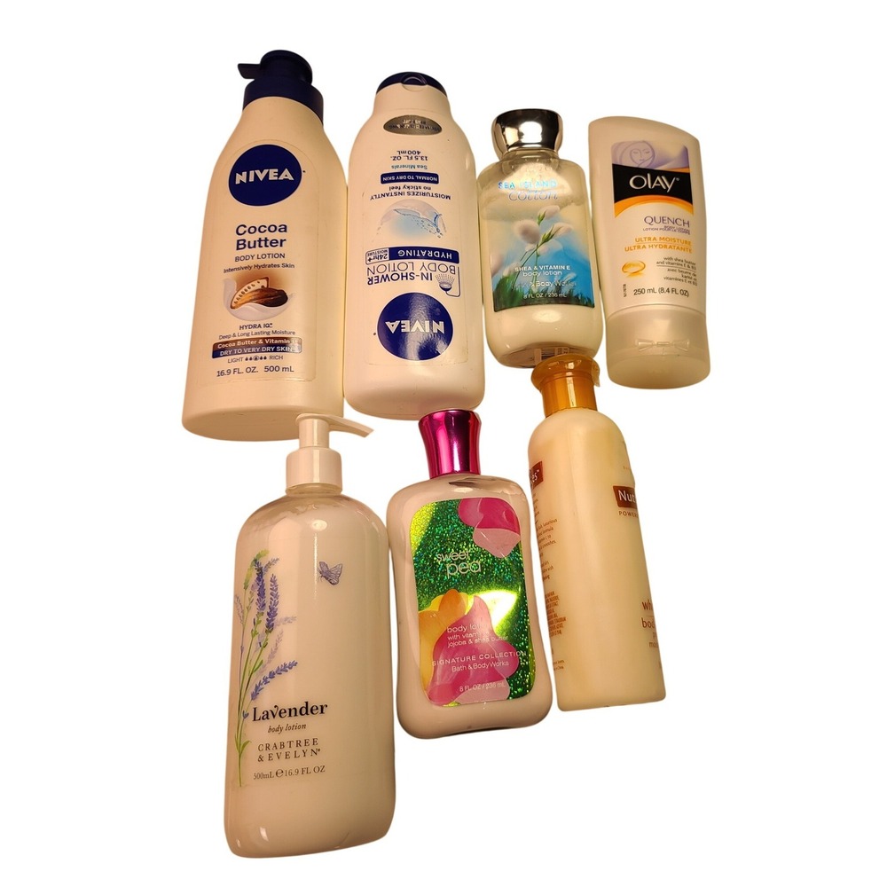 Lot of 7 Body Lotions Nivea Bath & Body Works Olay Crabtree & Evelyn Lavender